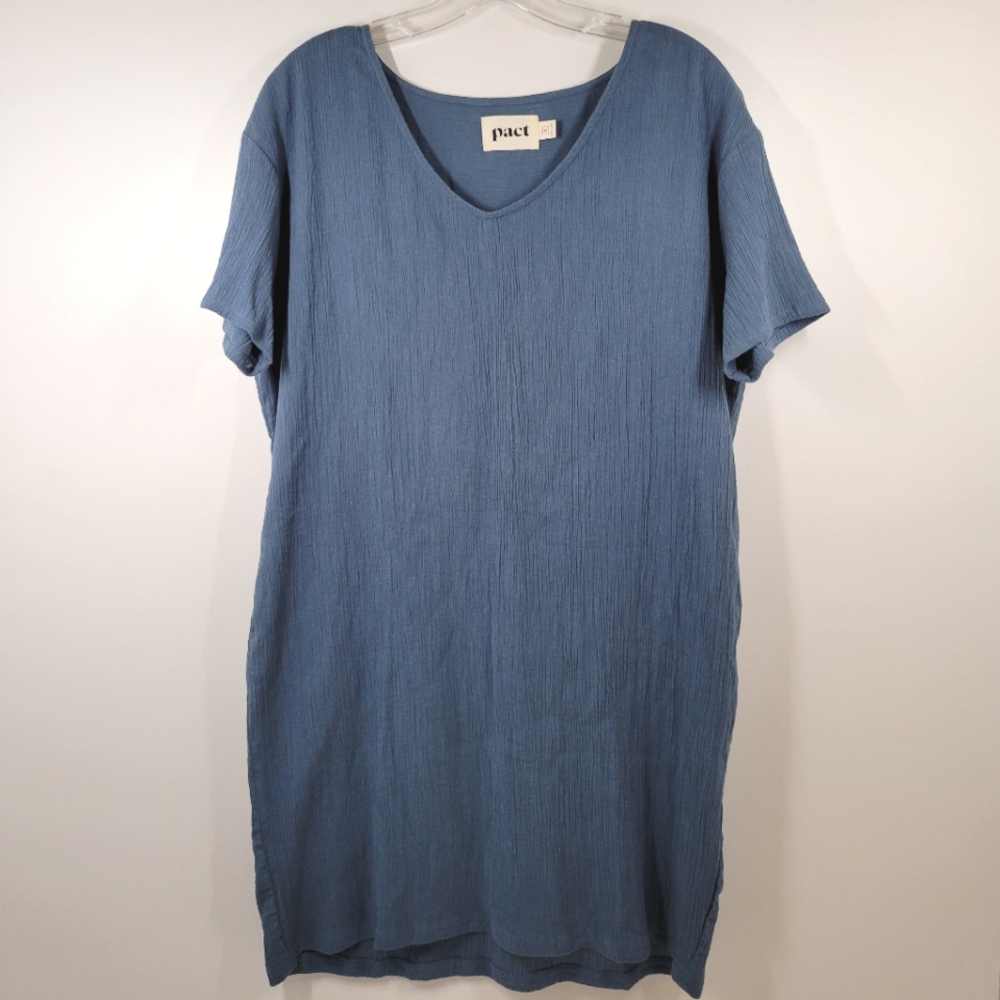 Pact Blue Textured 100%  Organic Cotton Short Sleeve Shift Dress Women Sz Small